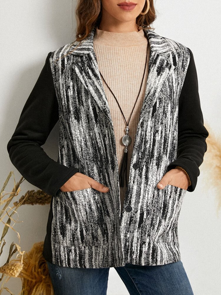 Vintage Print Pocket Button Lapel Long Sleeve Jacket