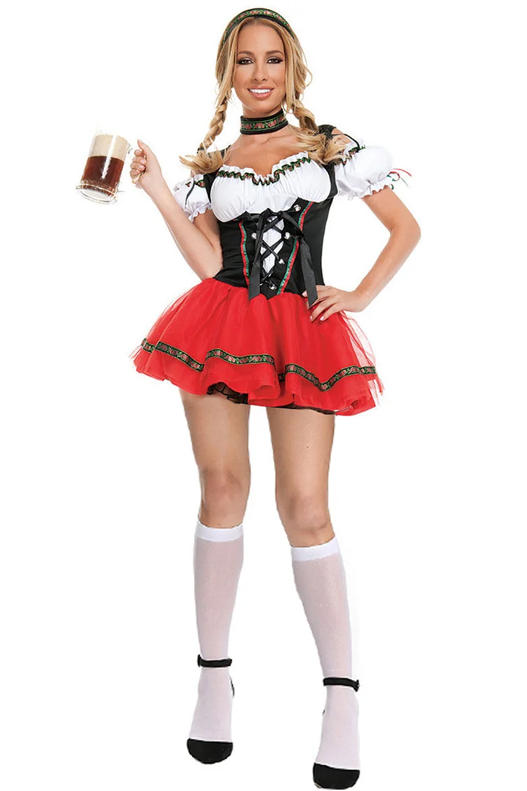 Beer Festival Waitress Halloween Cold Shoulder Mini Dresses Cosplay Set