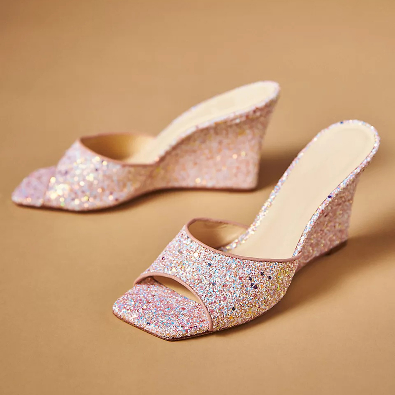 Elegant Glitter Wedge Heels Women's Square Toe Sandal Office MulesFSJshoes