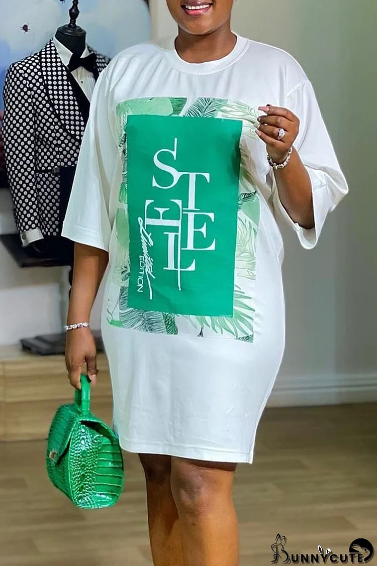 White Casual Street Print Split Joint O Neck T-shirt Dress Dresses