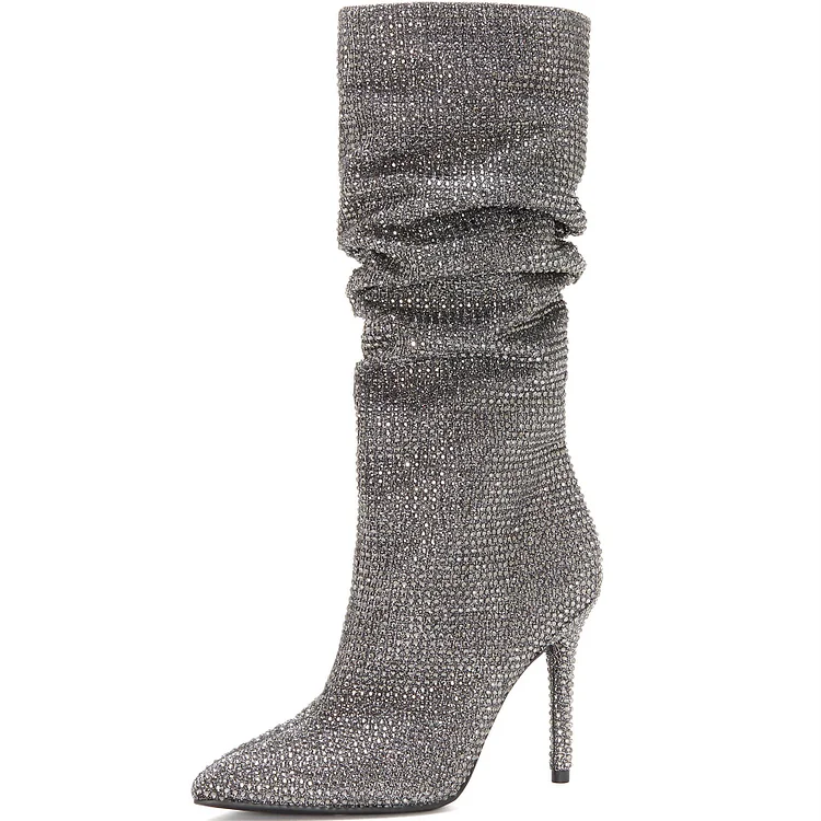 Silver Slouch Boots Pointed toe Strass Hotfix Stiletto Boots |FSJ Shoes