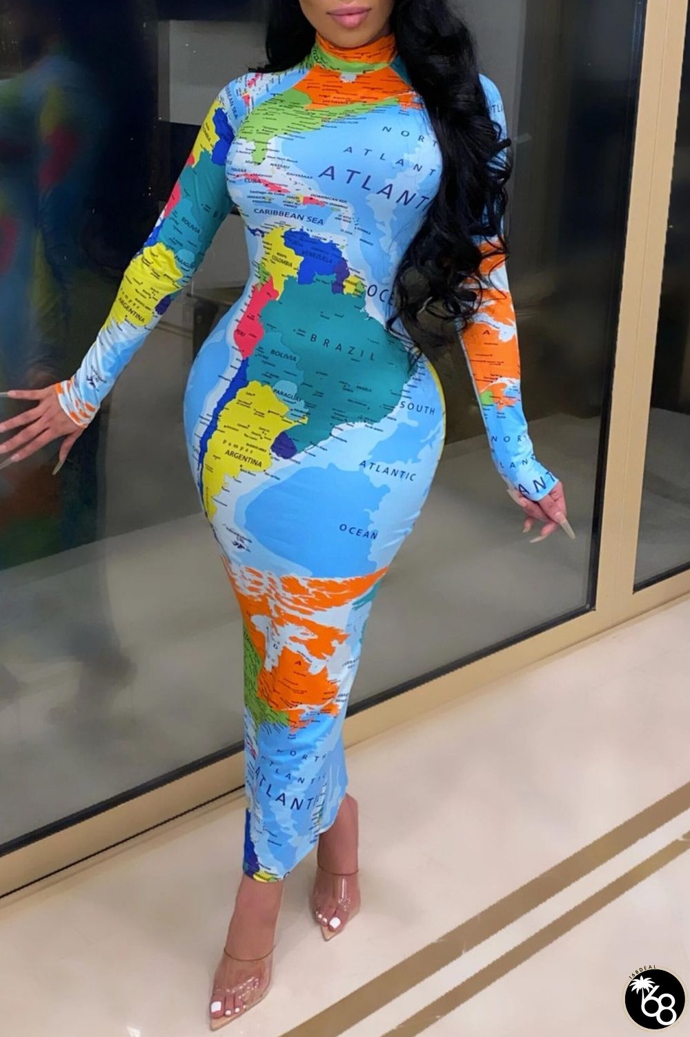 Light Blue Casual Print Basic Turtleneck Long Sleeve Dresses | 168DEAL