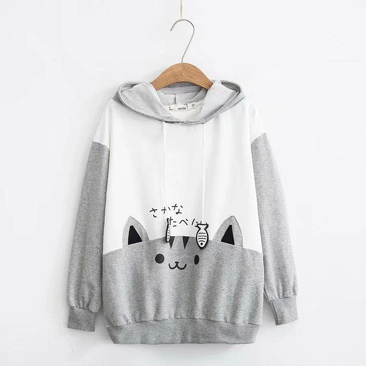 Grey/Black Kawaii Cat Fish Hoodie Jumper SP13432
