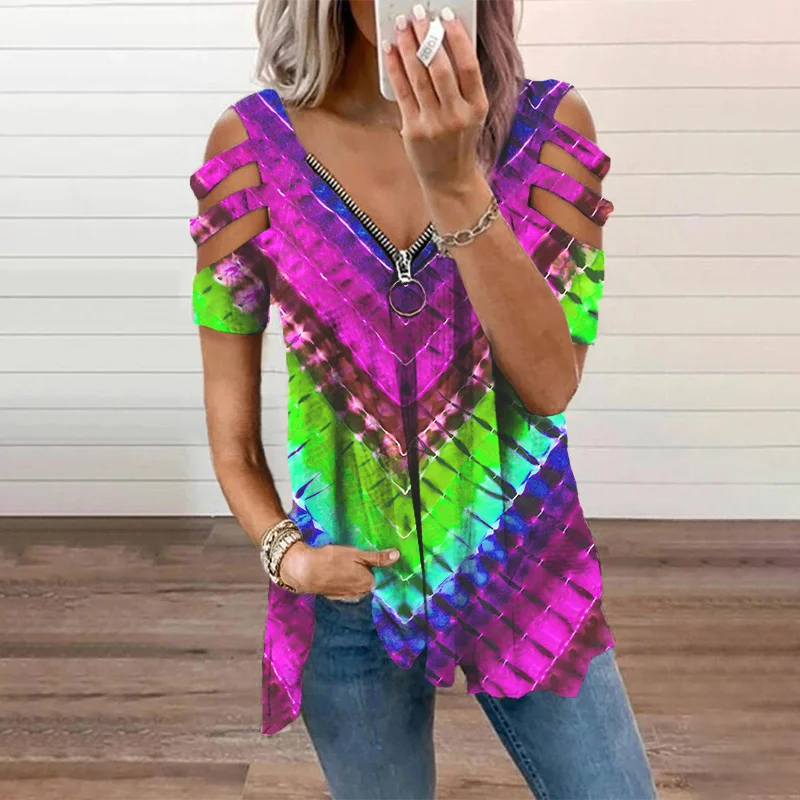 Rainbow striped zipper casual graphic tees