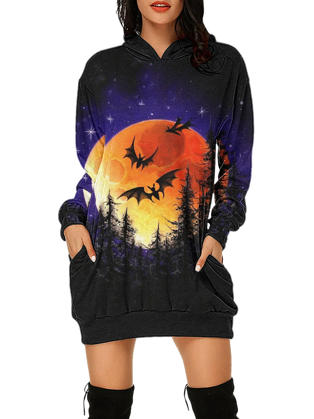 Women's  Halloween Graphic Printed V-Neck Hooded Long Sleeve Maxi Dress