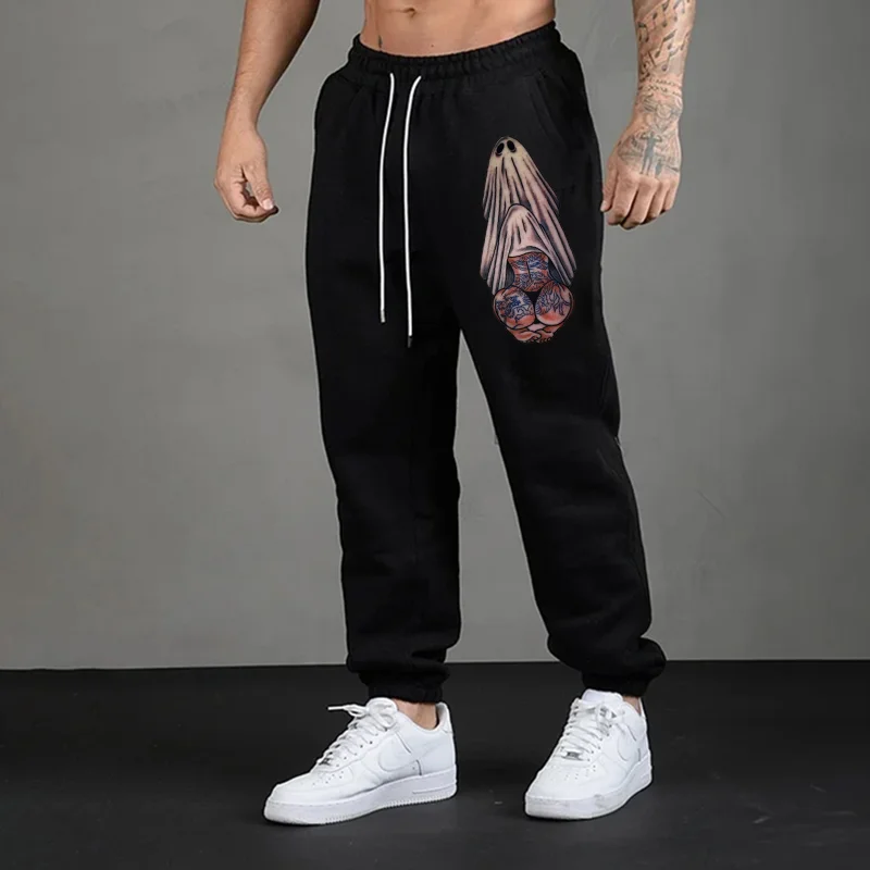 Tattooed Lady Has an Oral Sex with Ghost Men's Print Sweatpants