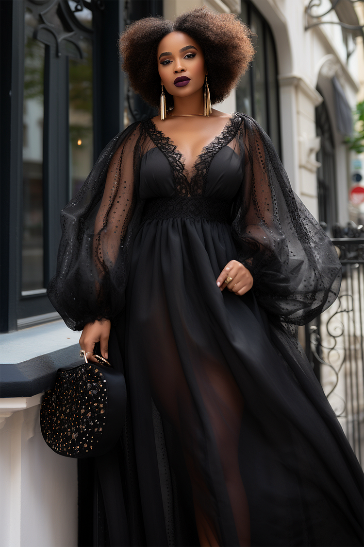 Plus Size Party Maxi Dresses Black Fall Winter V Neck Lantern Sleeve Long Sleeve See Through Lace Maxi Dresses [Pre-Order]