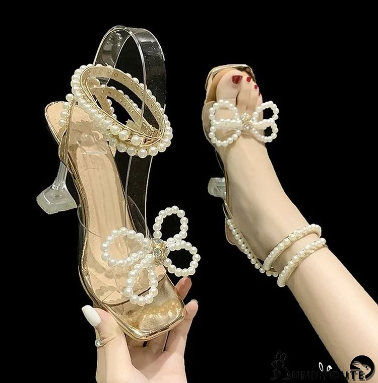 Plus Size Women's Shoes Square Toe Wine Glass Heel Pearl Rhinestone Bow High Heel Sandals