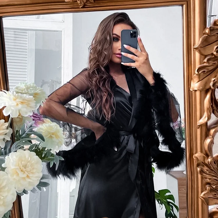 Sexy Sheer Feather Sleeve Robe Lingerie