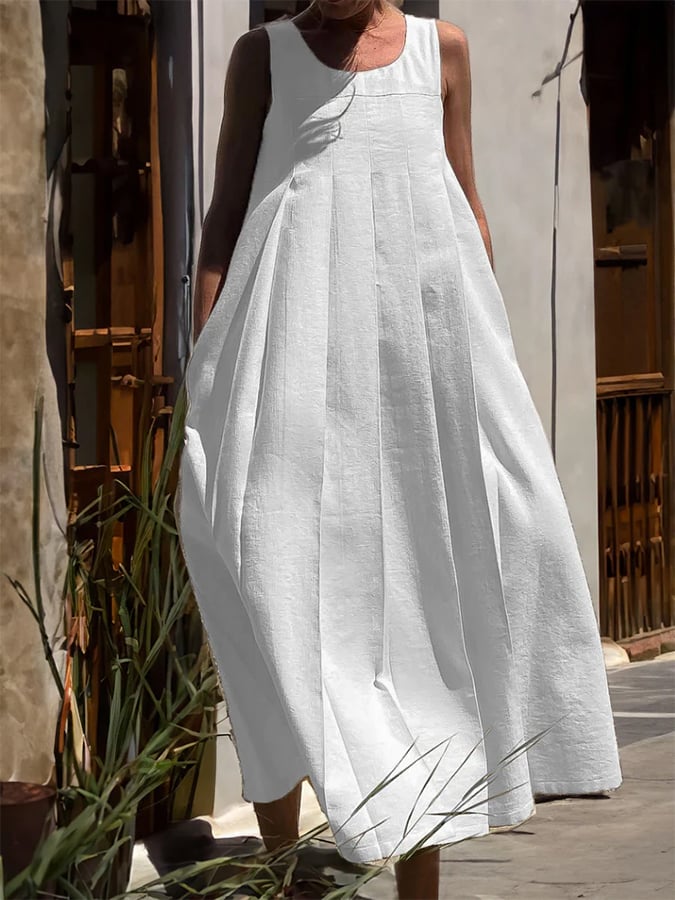 Women's Cotton And Linen Sleeveless Pleated Dress