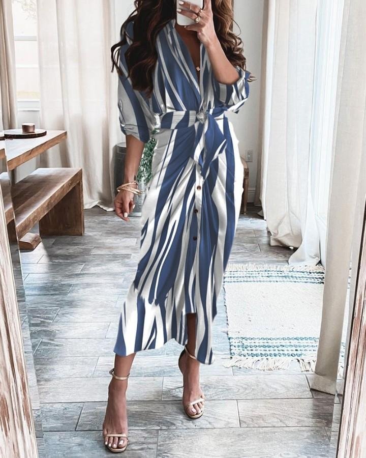 Tied Detail Ruched Striped Print Colorblock Shirt Dress P15972