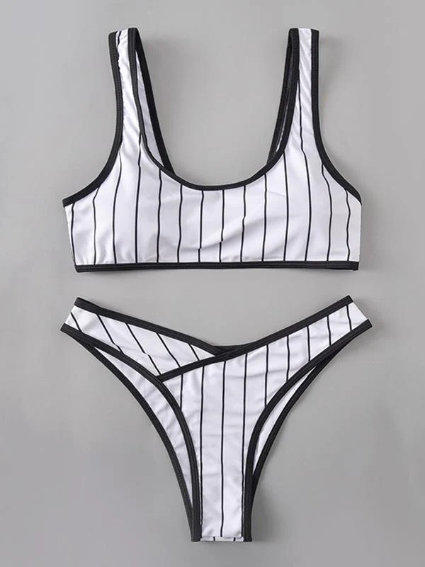 Striped Print Split Bikini Swimsuit
