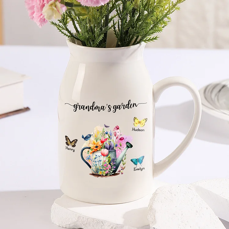 Personalized Ceramic Flower Vase Custom 3 Names Butterfly Watering Vase Gift Grandma's Garden