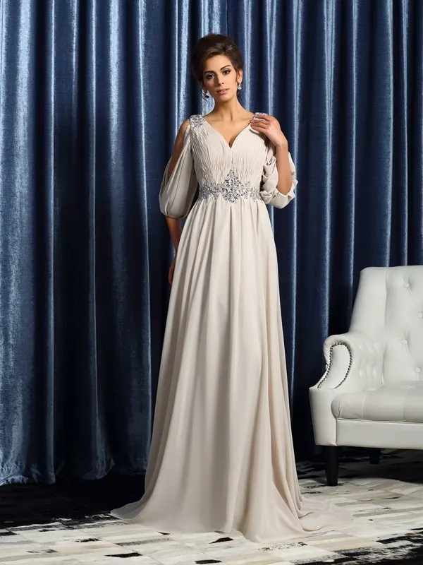 Chiffon V-Neck 1/2 Sleeves High-Waisted A-Line Mother Of The Bride Dresses With Pleated | MOD0010 Wellcucu