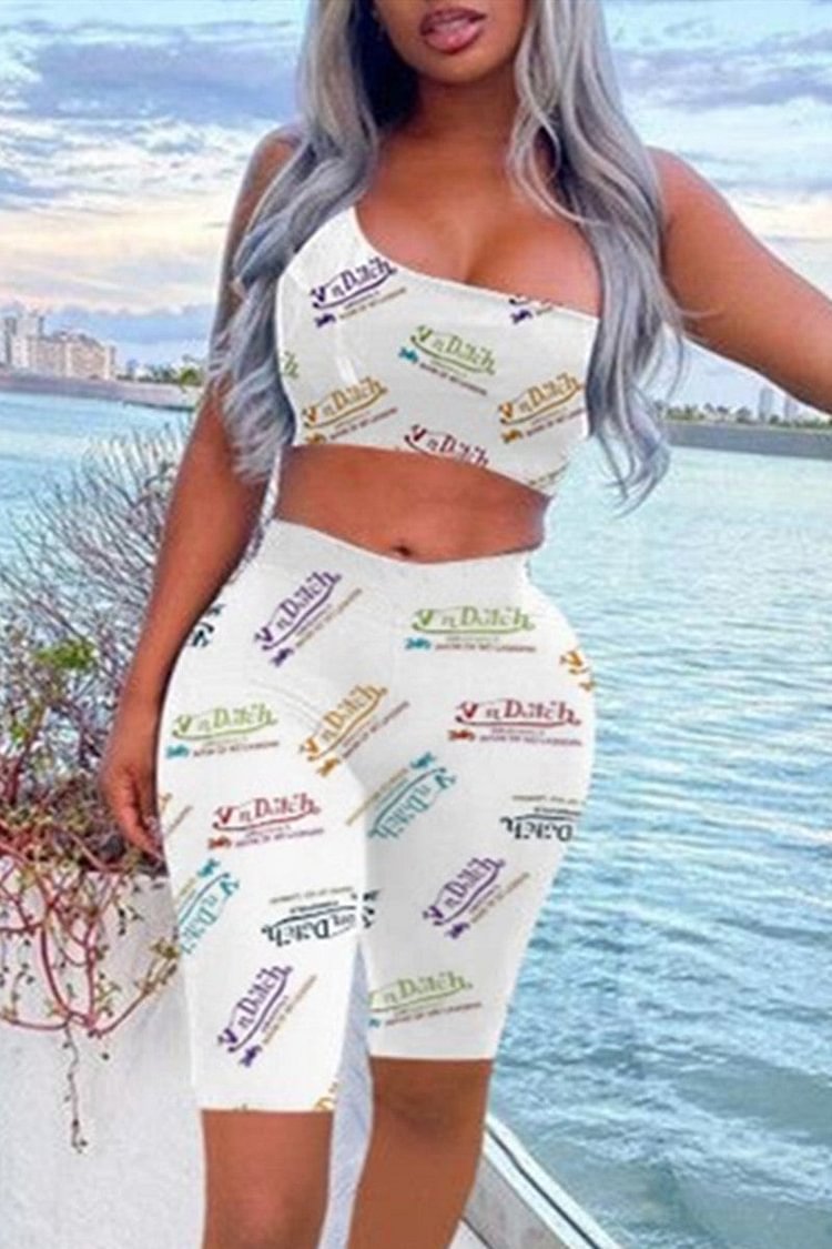 Casual Sportswear Letter Print Vests One Shoulder Sleeveless Two Pieces - Life is Beautiful for You - SheChoic