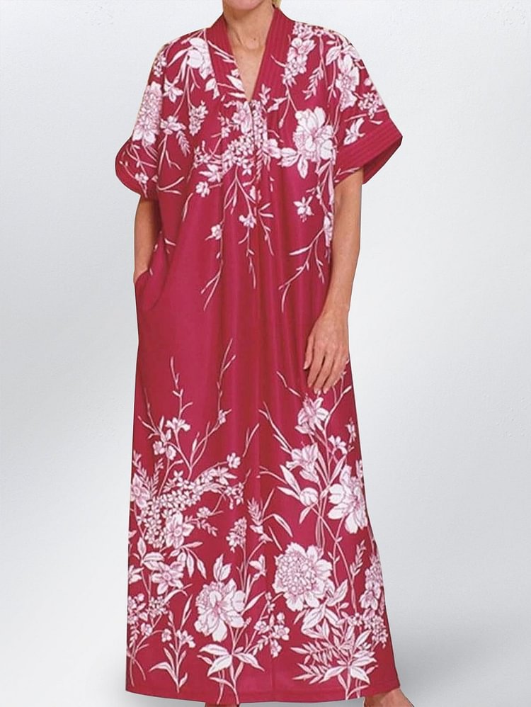 V NECK FLORAL PRINTED SHORT SLEEVE NIGHTGOWN socialshop
