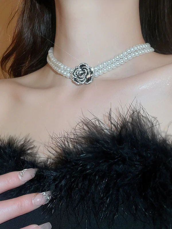 Vintage Diamond Set Rose Pearl Double Necklace