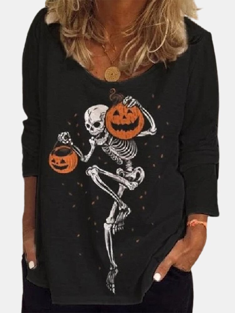 Halloween Printed Long Sleeve O neck Casual T shirt For Women P1743316