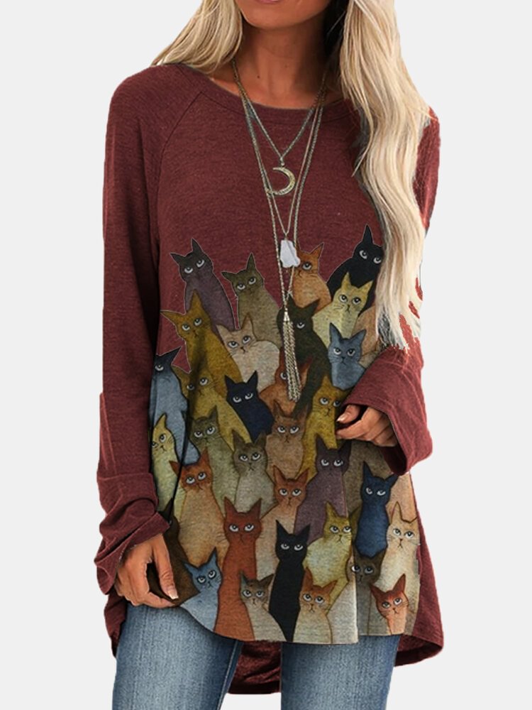 Cartoon Cat Print O neck Long T shirt For Women P1736906