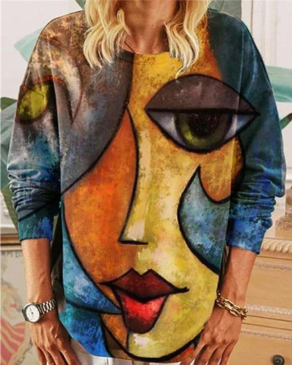 Abstract Beauty Graphic Long Sleeve Crew Neck Loose Fit Blouse