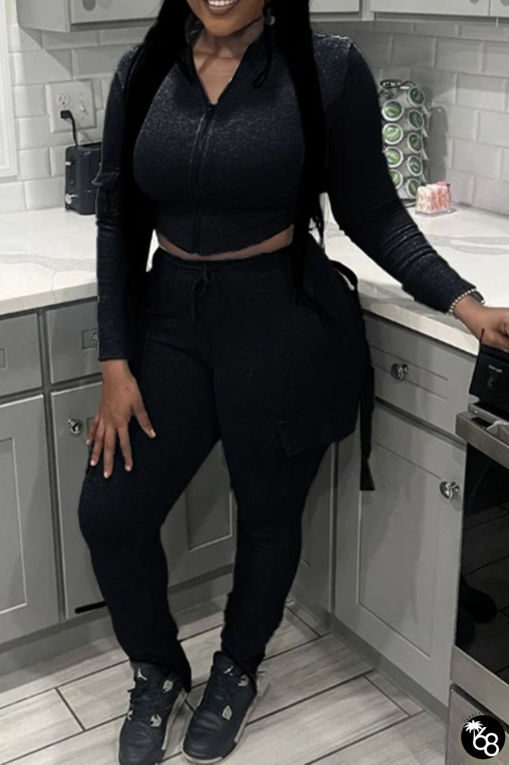 Black Casual Solid Patchwork Draw String Pocket Slit Zipper Turndown Collar Long Sleeve Two Pieces | 168DEAL