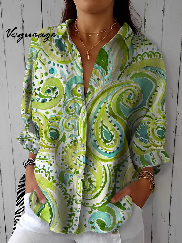 Fashionable Fresh And Beautiful Plants Printed Cotton And Linen Shirt