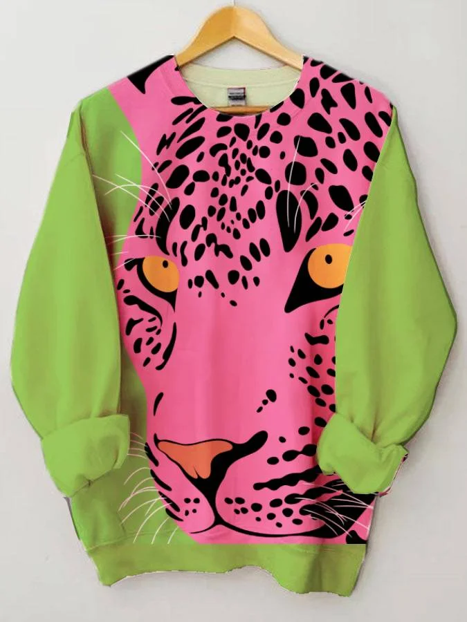 Women's Cheetah Contrast Print Long Sleeve Round Neck Sweatshirt socialshop