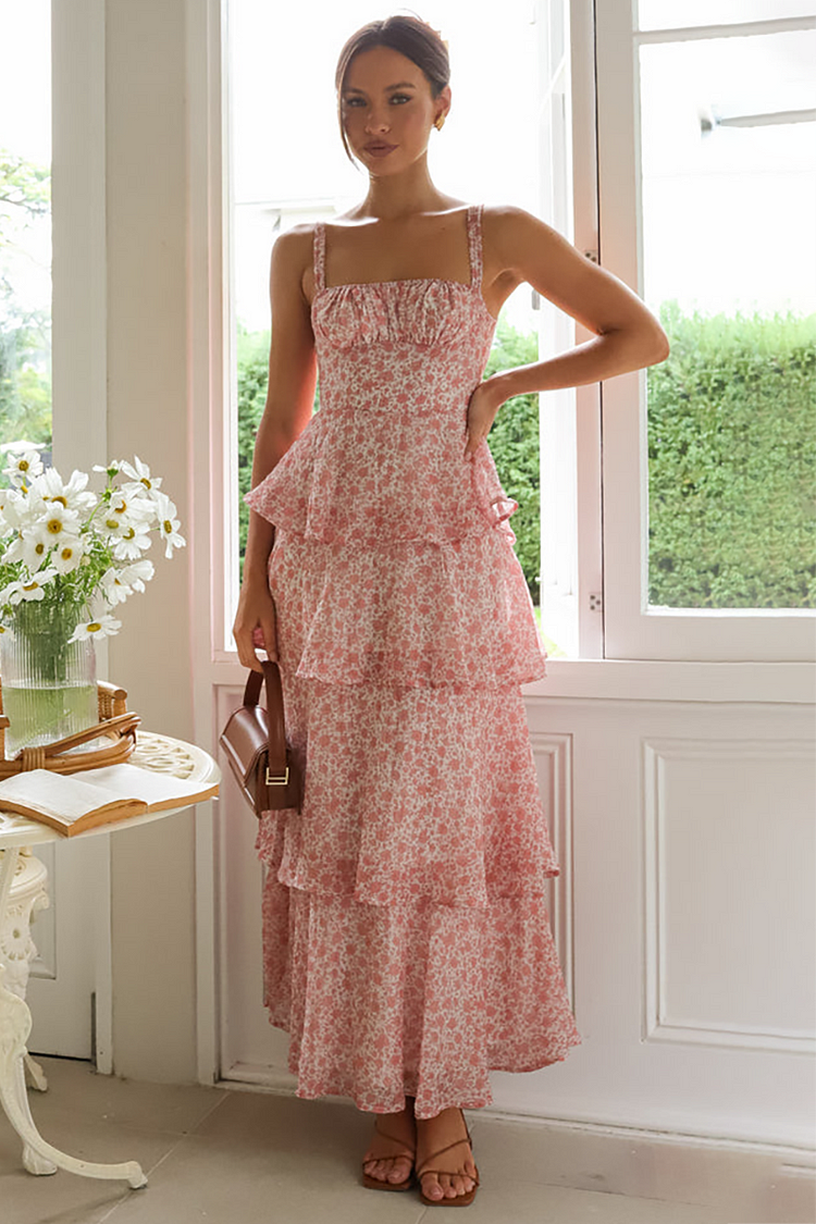 Ditsy Floral Print Tiered Ruffled Maxi Strappy Dresses-Pink [Pre Order]