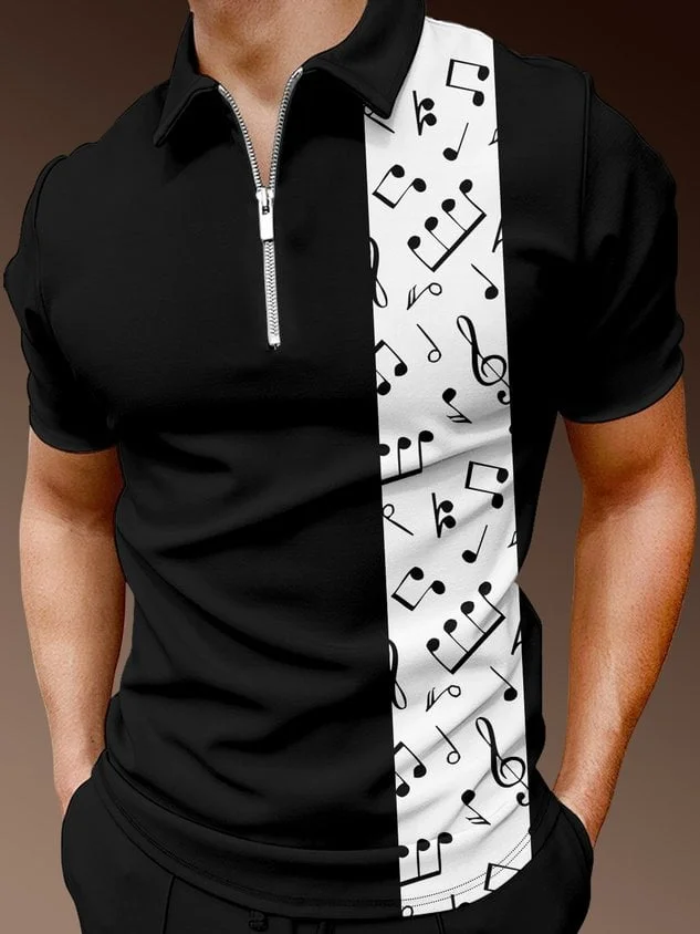 Casual Music Collection Striped Geometric Note Elements Lapel Short Sleeve Polo Print Top