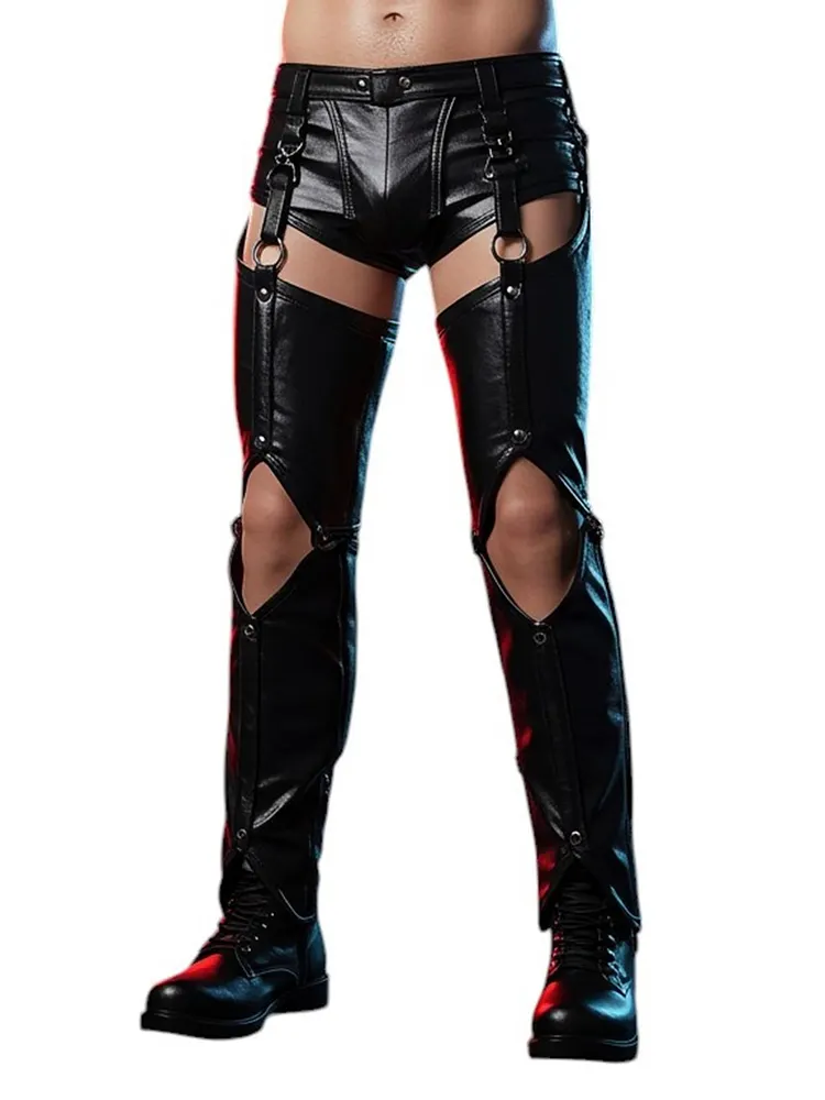 pornhint Pornhint Men?s Fetish Leather Harness Pants ? Cow Skin Biker Chaps Gothic Festival Chaps, Leather Trousers, BDSM Rave Wear, Clubwear Thigh Holsters male bdsm wear