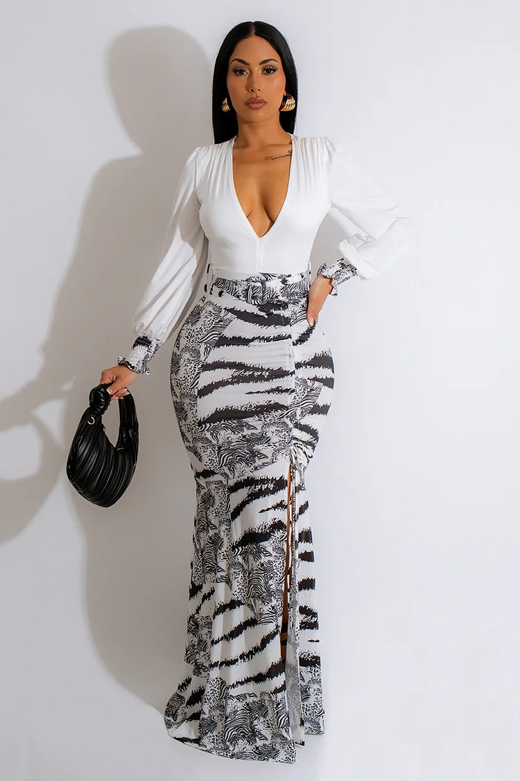 Zebra Print Deep V Neck Long Puff Sleeve Slit Bodycon Maxi Dress
