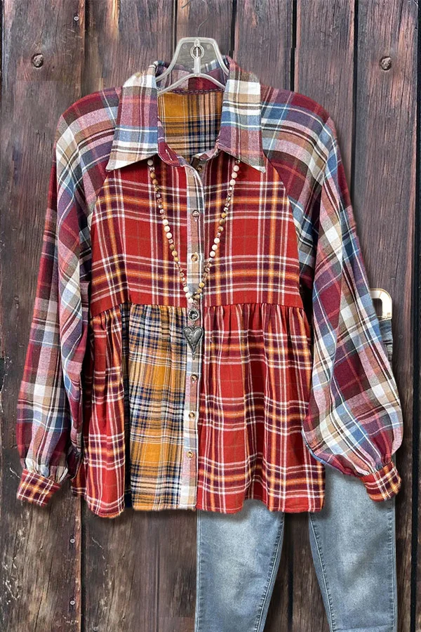 Colorful Plaid Long Sleeve Collared Blouse