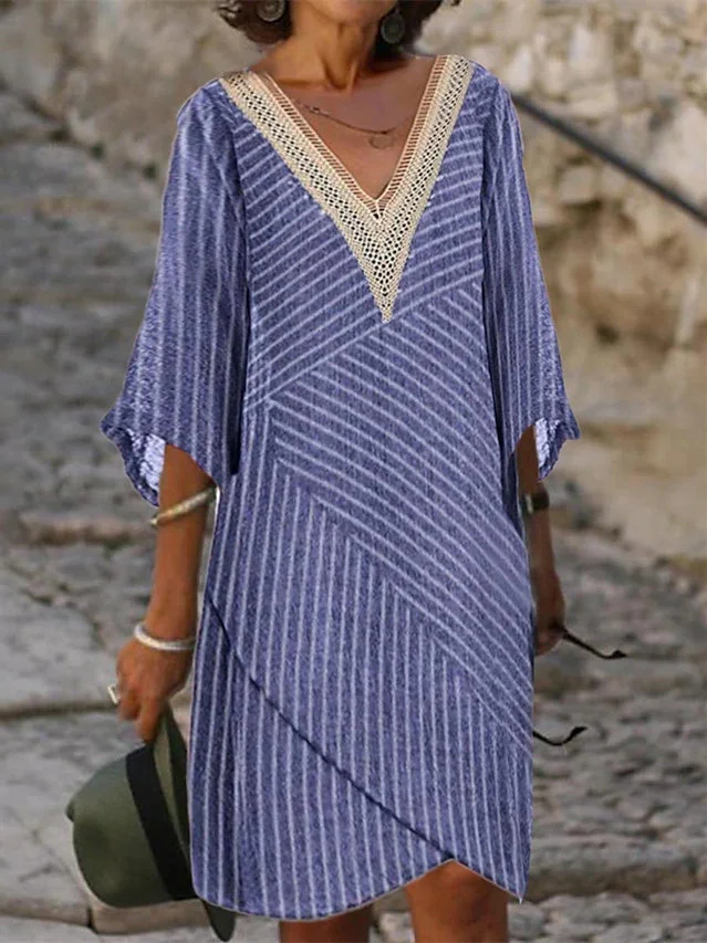 Women Half Sleeve V-neck Striped Lace Midi Dress