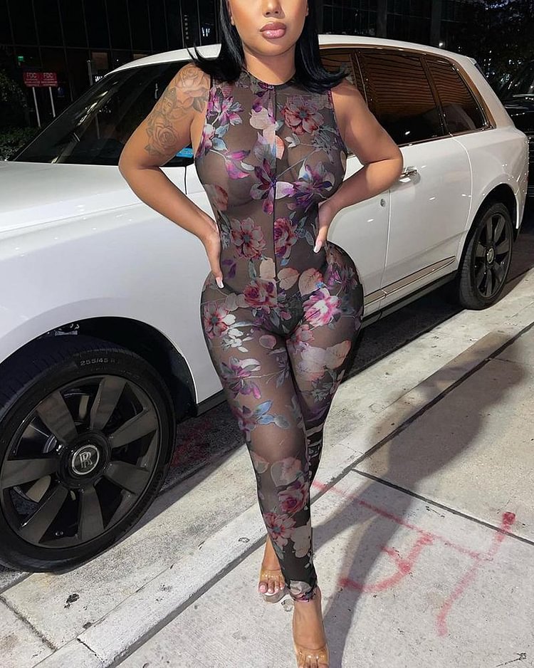Floral Print Sheer Mesh Tie Back Backless Casual Jumpsuit - Shop Trendy Women's Clothing | LoverChic