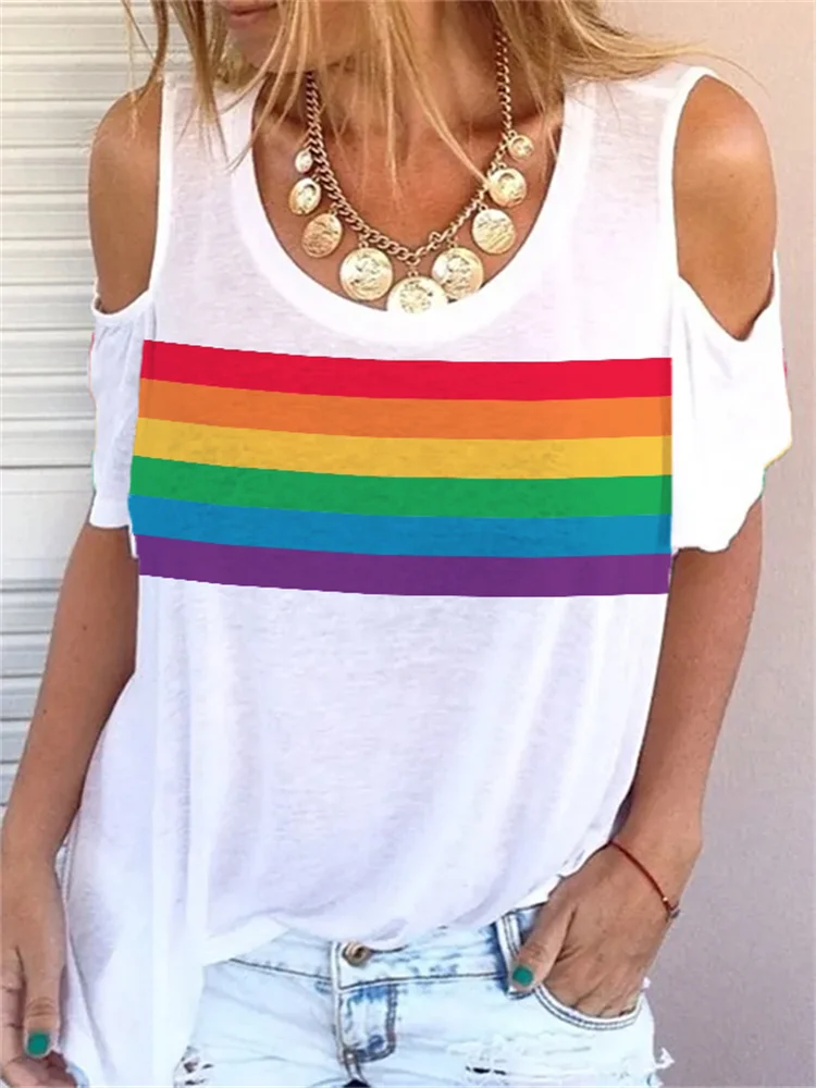 Rainbow Stripe Hollow Shoulder T Shirt