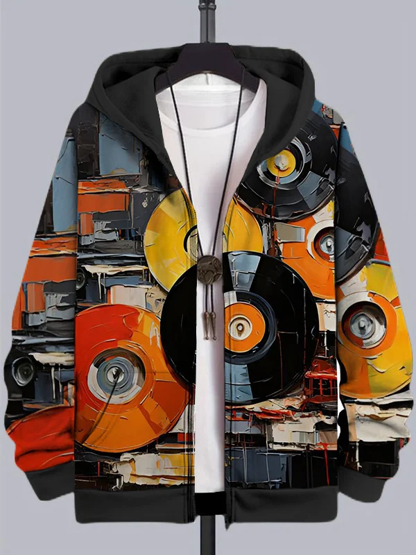Men's Music Recordings Art Print Casual Zip Up Hooded Jacket