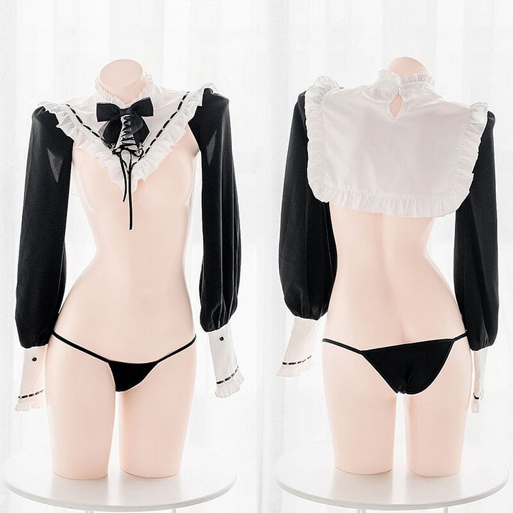Sweet Black White Nun Collar Hollow Out Top Lingerie BE327