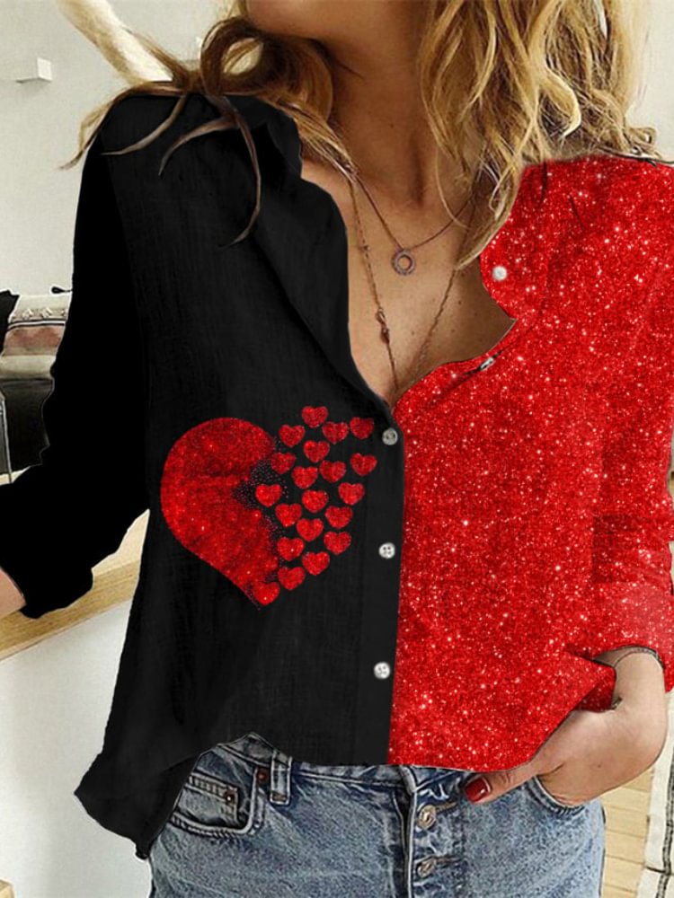 Comstylish Valentine's Day Sequin Heart Colorblock Casual Blouse