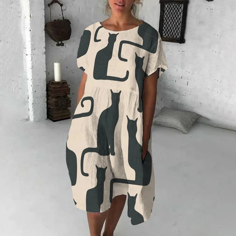 Vefave Casual Cat Print Short Sleeve Midi Dress