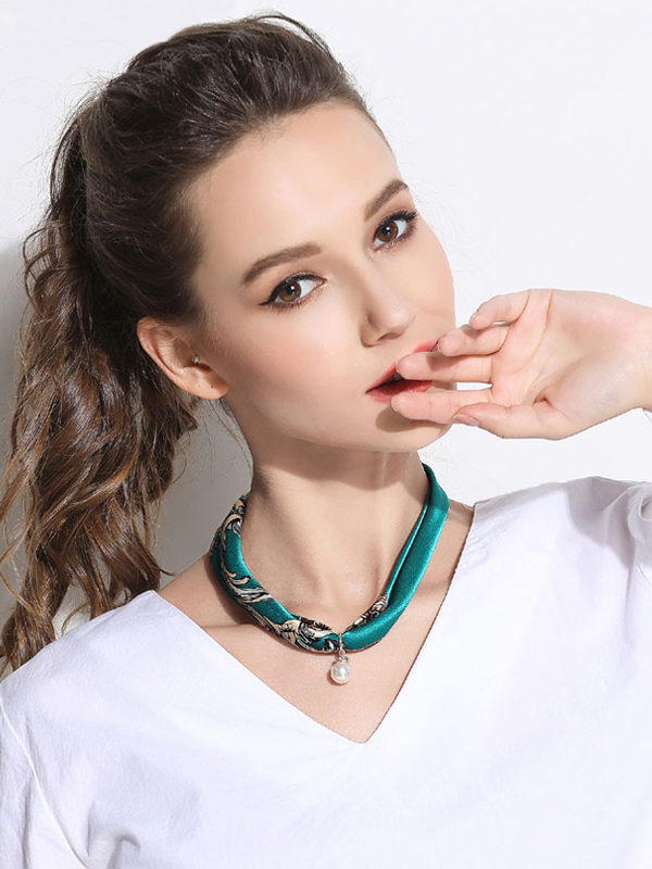 Silk Scarf Sky Blue Necklace Pearl Decoration