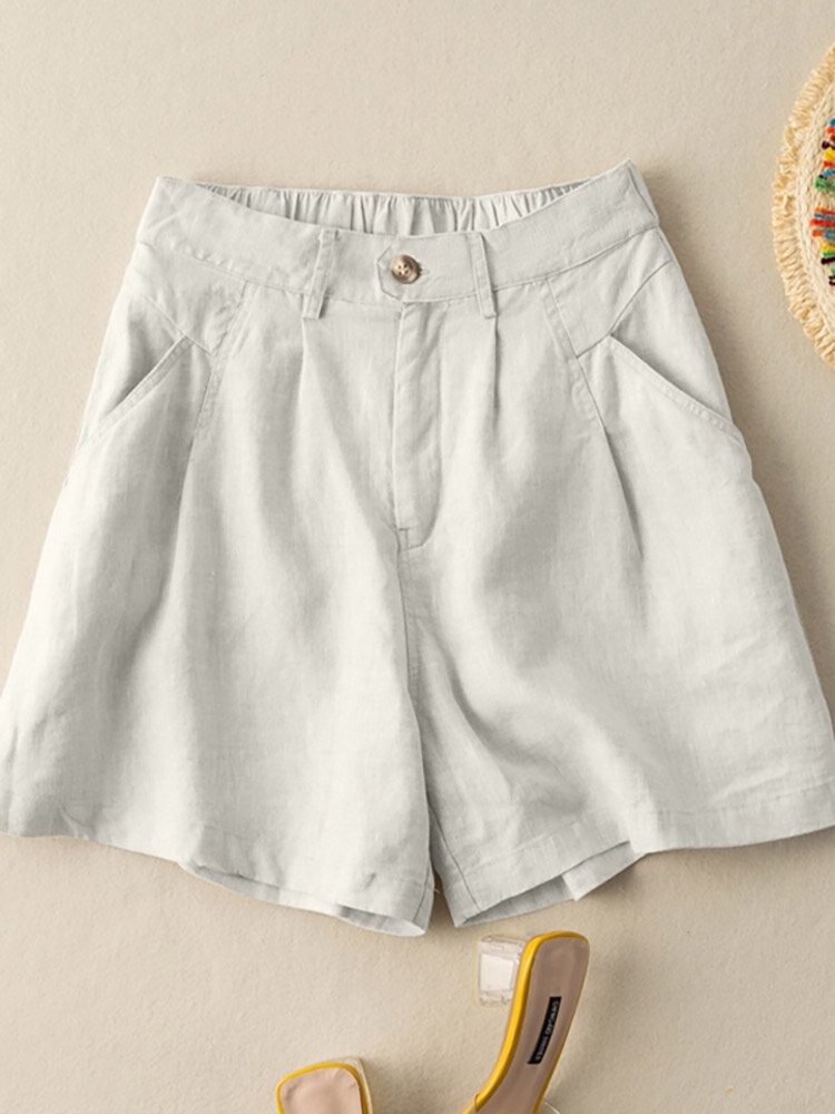 Cotton Solid Pocket Ruched Button Casual Shorts - Shop Trendy Women's Clothing | LoverChic