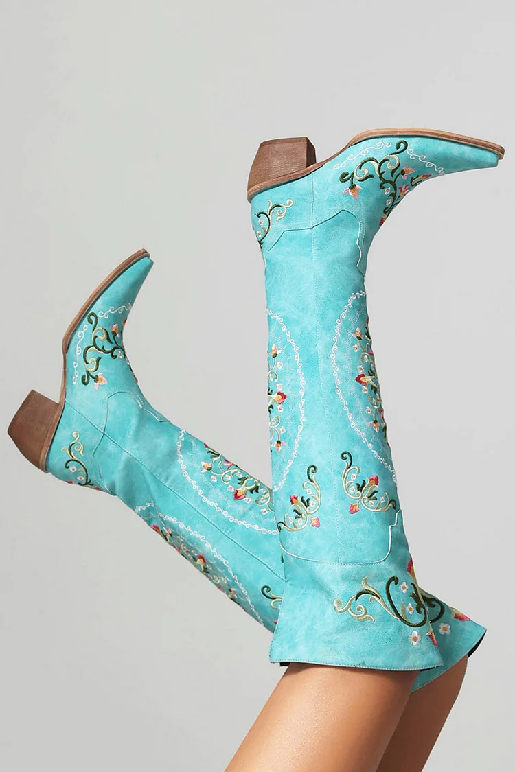 Floral Embroidery Pointy Toe Chunky Heels Western Knee High Boots