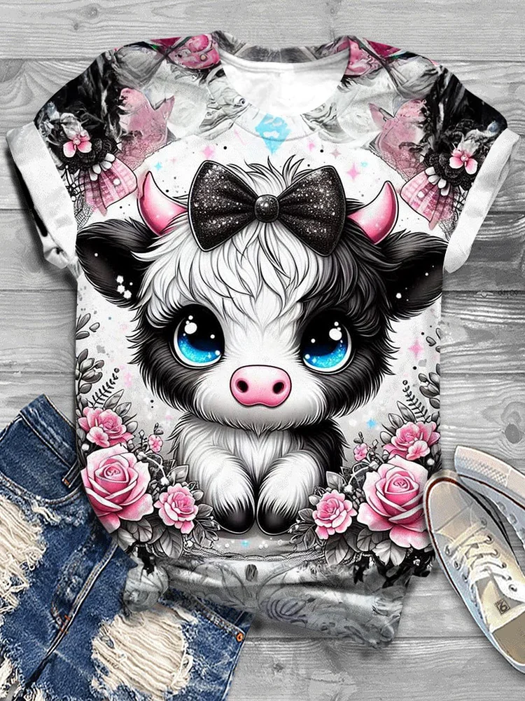 Pink Floral Bow Tie Highland Cow Crew Neck T-shirt