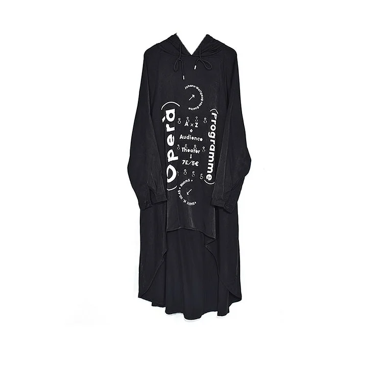 Chic Loose Hooded Letter Printed Splicing Sequined Long Sleeve Short Front Long Back Dress         