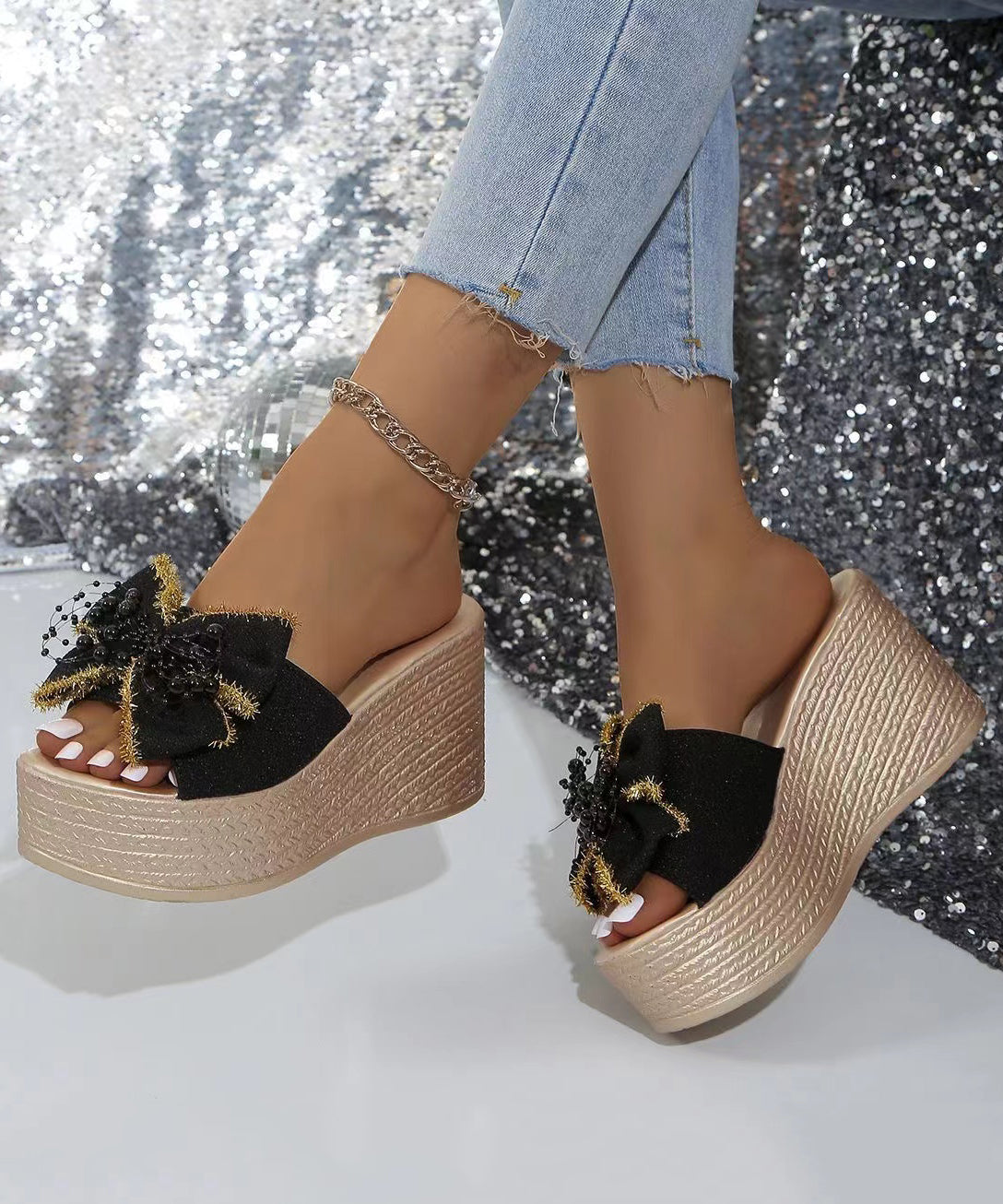 Comfy Green Platform Bow Stylish Splicing Slide Sandals main image 0