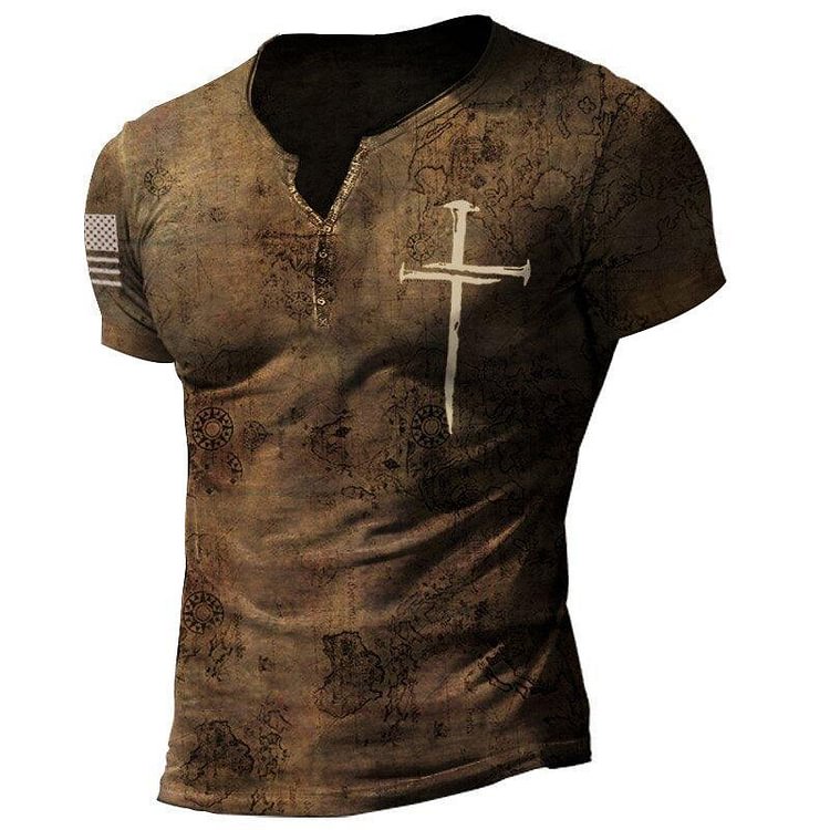 Men's Vintage Old World Map Cross Print Henry Short Sleeve Top