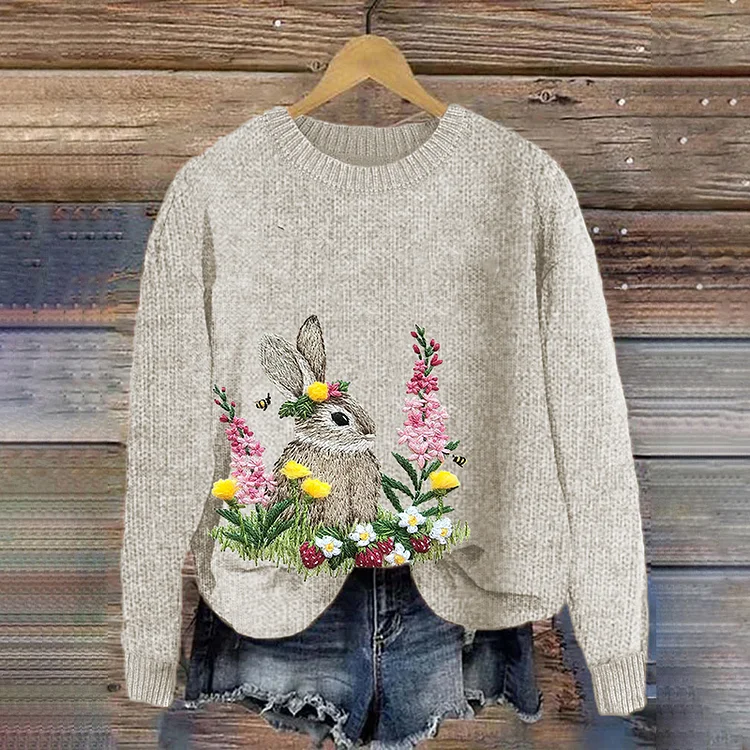 VChics Women's Floral And Rabbit Casual Round Neck Sweater