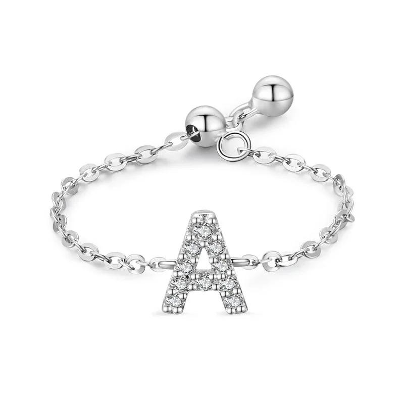 Silver Letter A-Z Chain Ring Zirconia Diamond Adjustable