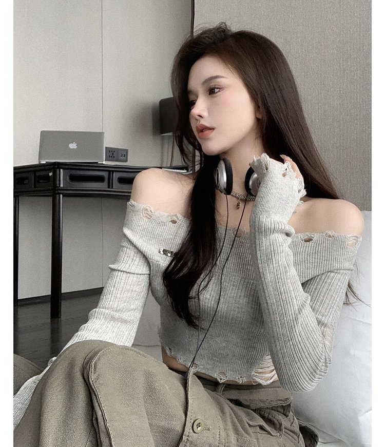 Long-Sleeve Off Shoulder Distressed Crop Knit Top BK33