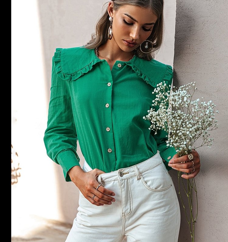 Green cotton puff sleeve retro shirt women Vintage peter pan collar lady fashion blouse Holiday female short shirts 2022 - BlackFridayBuys